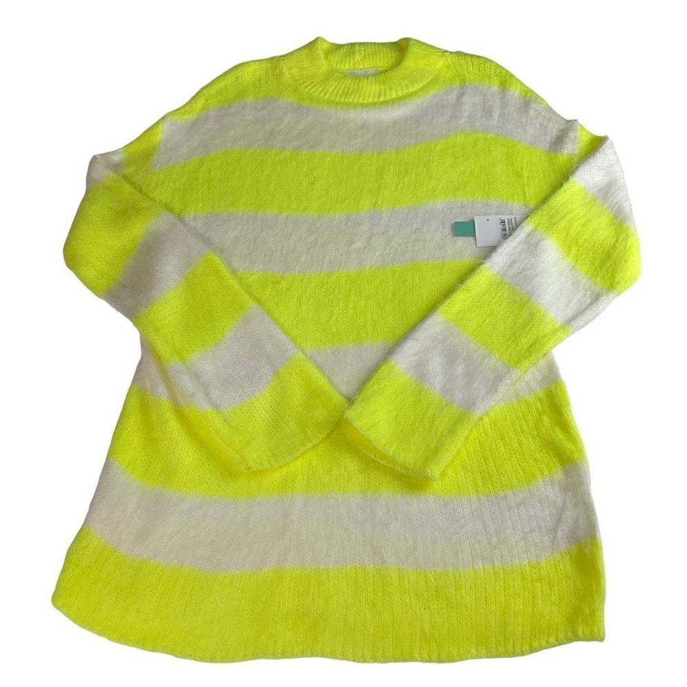 Abound Sweater Tunic Crew Neck Lime Green Cream Fuzzy Long Sleeve Medium - Picture 8 of 12